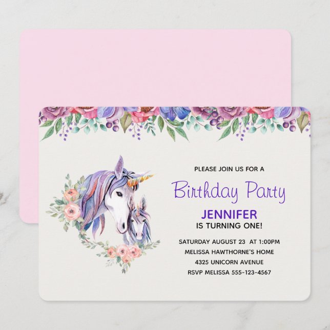 Convite Noite de bonito Unicorn Mãe e Bebê (Frente/Verso)
