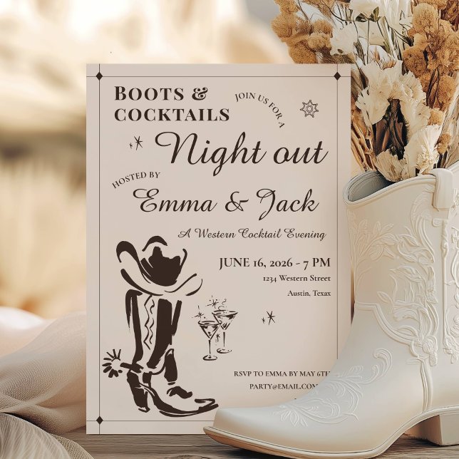Convite Noite de Botas e Coquetéis (Boots & Cocktails Night Out Party Invitation)