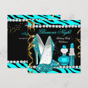 Convite Noite de Brilho Glamour Azul Turquesa Dourado Pret