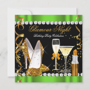 Convite Noite de Brilho Glamour Verde Lima Dourado Preto F