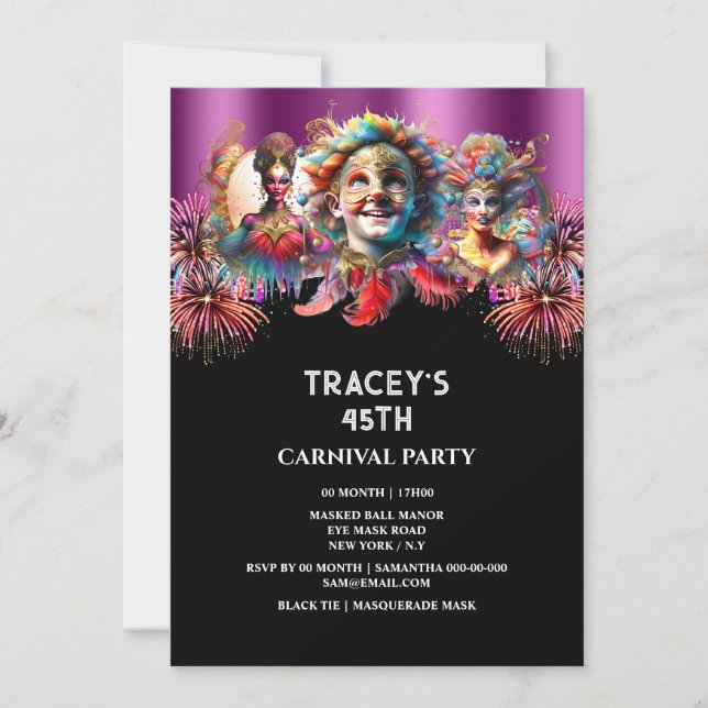 Convite Noite de Carnaval fogos de artifício mascarada púr (Frente)