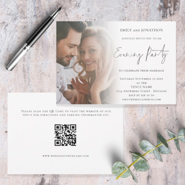 Convite Noite de Casamento de Código QR de Foto de Script  (Front and back view. Available digitally or printed. Part of a large matching wedding suite)