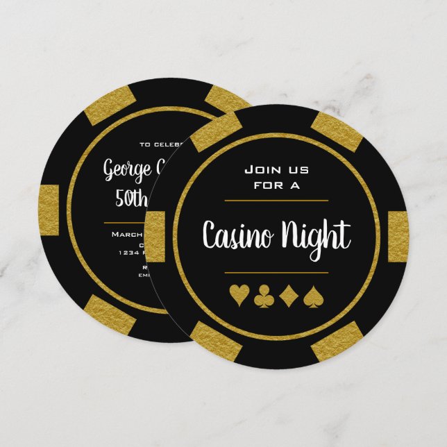 Convite Noite de Casino Dourada e Negra Chip Birthday (Frente/Verso)