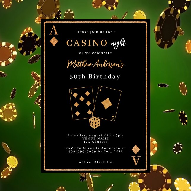 Convite Noite de cassino aniversário black gold (Criador carregado)