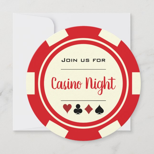 Convite Noite de Cassino Ficha de Pôquer Vermelha Creme Br (Frente)
