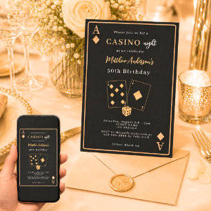 Convite Noite de cassino ouro preto aniversário premium