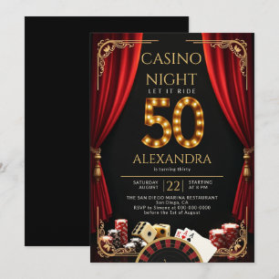 Convite Noite de Cassino Vegas Poker Roleta 50º Aniversári