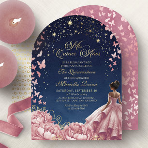 Convite Noite de Céu Rosa Corado Borboletas Quinceanera