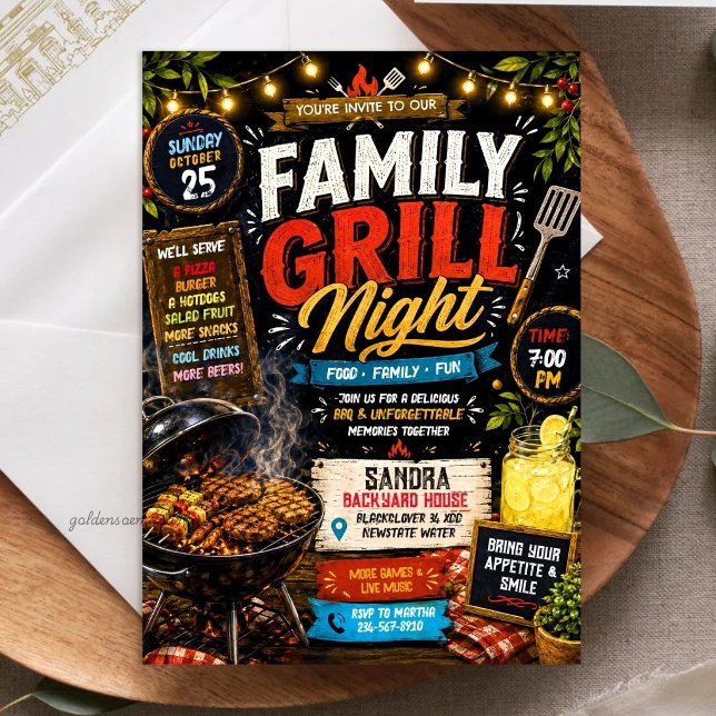 Convite Noite de Churrasco da Família no Quadro Negro Rúst (Rustic Chalkboard Family Grill Night - BBQ Invitation)
