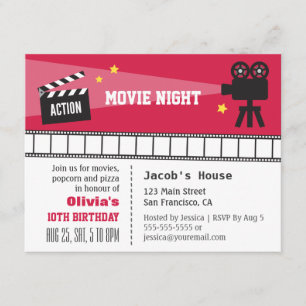 Convite Noite de Cinema Ação Luz Câmera Festa de Aniversár