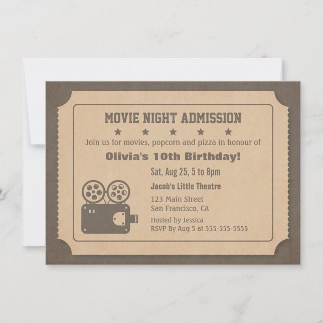 Convite Noite de Cinema com Ingresso Retro Festa de Aniver (Frente)