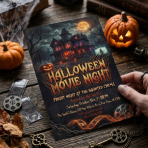 Convite Noite de Cinema de Halloween em Casa Assombrada