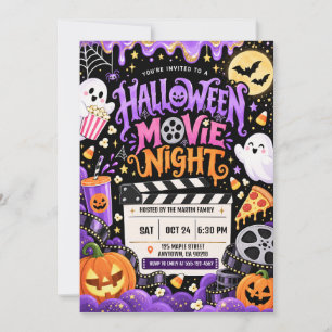 Convite Noite de Cinema de Halloween Fantasmas e Abóboras