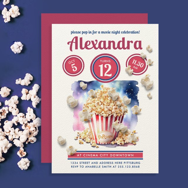 Convite Noite de Cinema de Pipoca Vermelha Azul Divertida  (Criador carregado)