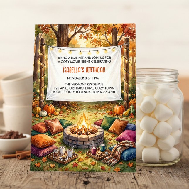 Convite Noite de Cinema no Quintal de Outono com Fogueira  (Fall birthday invitation for movie night by Darling & May (order printed or digital))