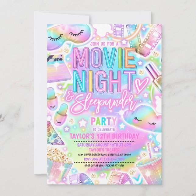 Convite Noite de Filme com Sono Pastel Rainbow Aniversário (Frente)