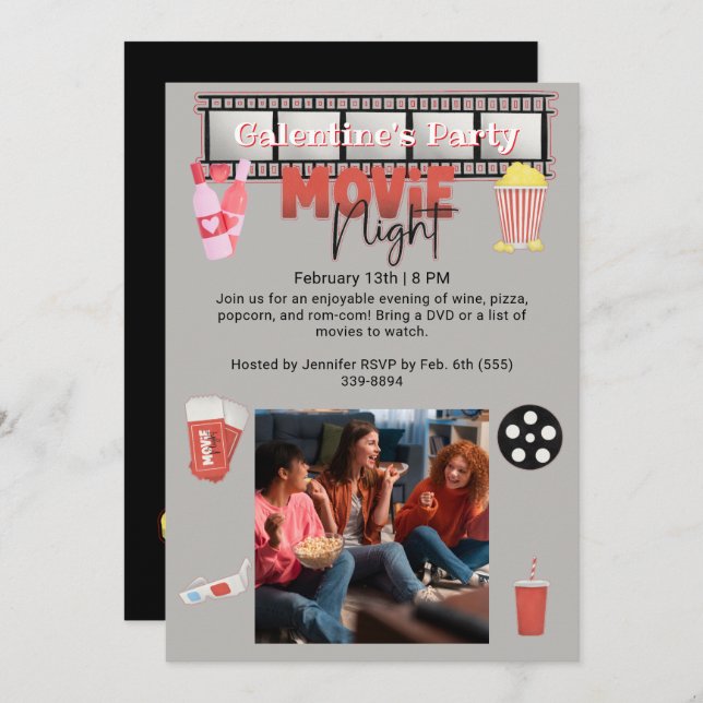 Convite Noite de Filme de Festa de Galentine (Frente/Verso)