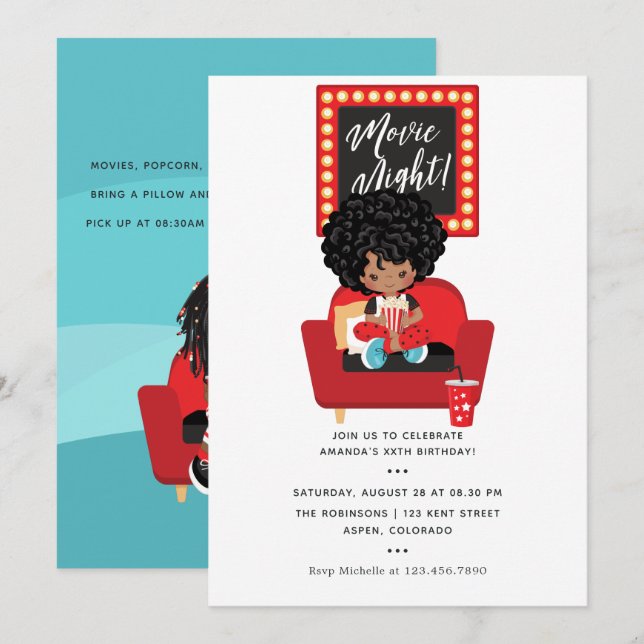 Convite Noite de Filme de Menina Afro-Americana Festa de D (Frente/Verso)