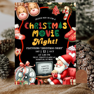 Convite Noite de Filme de Natal Divertida e Retro Preto e