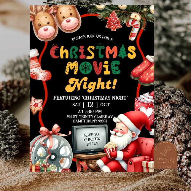 Convite Noite de Filme de Natal Divertida e Retro Preto e  (Criador carregado)