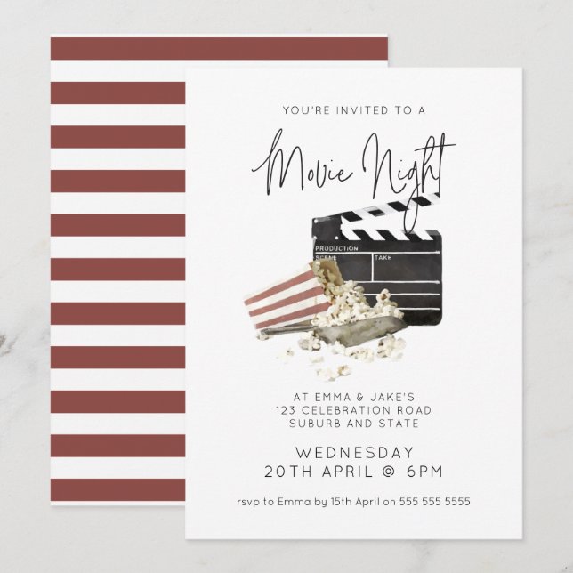 Convite Noite de Filme de Pipoca Aquarela (Frente/Verso)