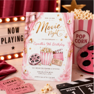Convite Noite de Filme em Ouro Rosa Menina Aniversário