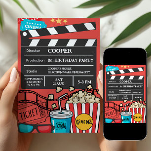 Convite Noite de Filme Vermelho Festa de Aniversário para 