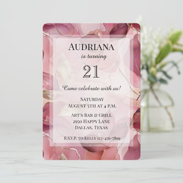 Convite Noite de Folhas Douradas Cor-de-Rosa Esbranquiçada (Em pé/Frente)