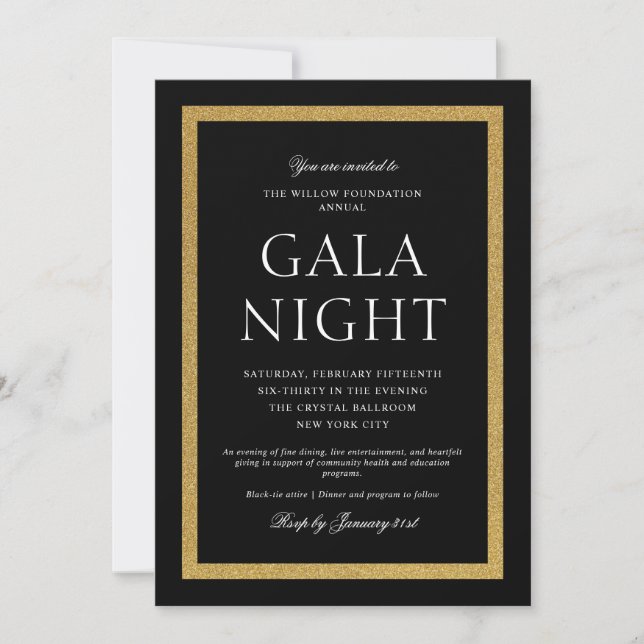Convite Noite de Gala Preta e Dourada Elegante (Frente)