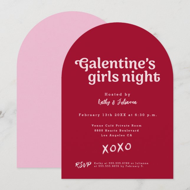Convite Noite de Galentines moderna cor-de-rosa e vermelha (Frente/Verso)