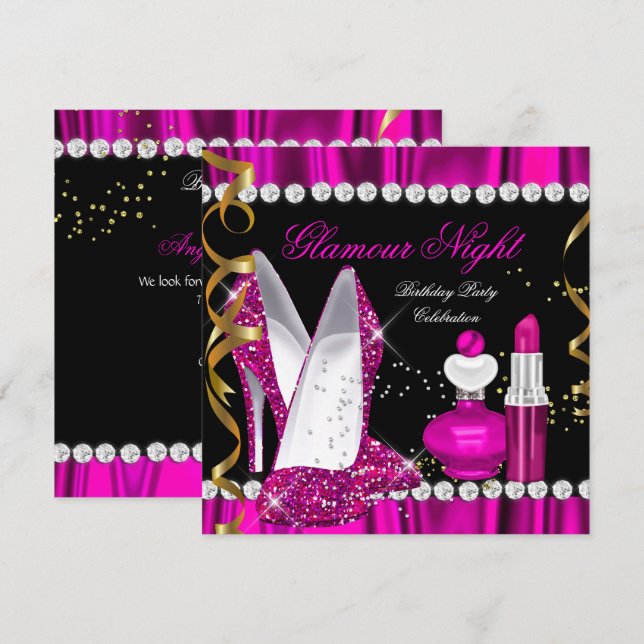 Convite Noite de Glamour Brilhante Rosa Fundo Dourado Pret (Frente/Verso)