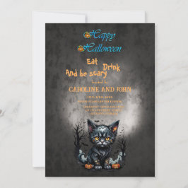 Convite Noite de Halloween com gatinho