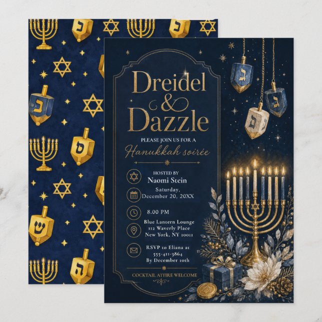 Convite Noite de Hanukkah Dreidel & Dazzle (Frente/Verso)