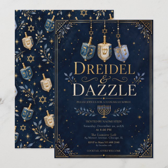 Convite Noite de Hanukkah Dreidel & Dazzle (Frente/Verso)