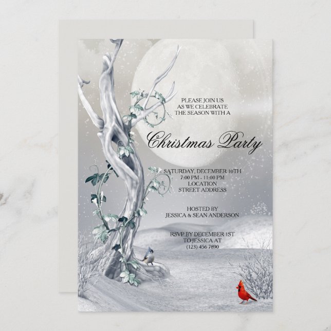 Convite Noite de inverno Cena e Cardeais Festa de Natal (Frente/Verso)