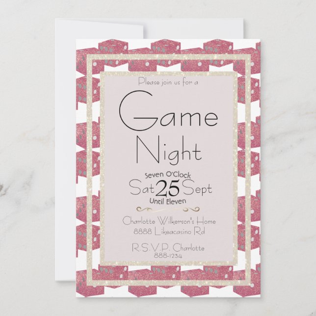 Convite Noite de Jogo Dados Brilhantes Rosa (Frente)