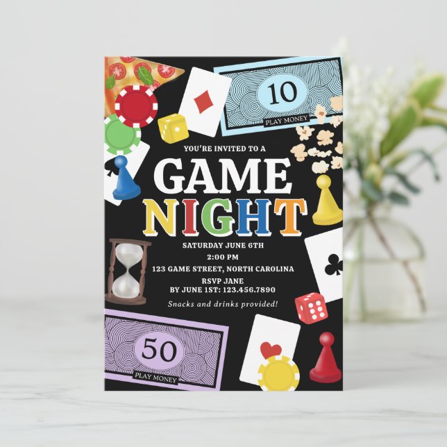 Convite Noite de Jogos de Tabuleiro Lanches Festa (Em pé/Frente)