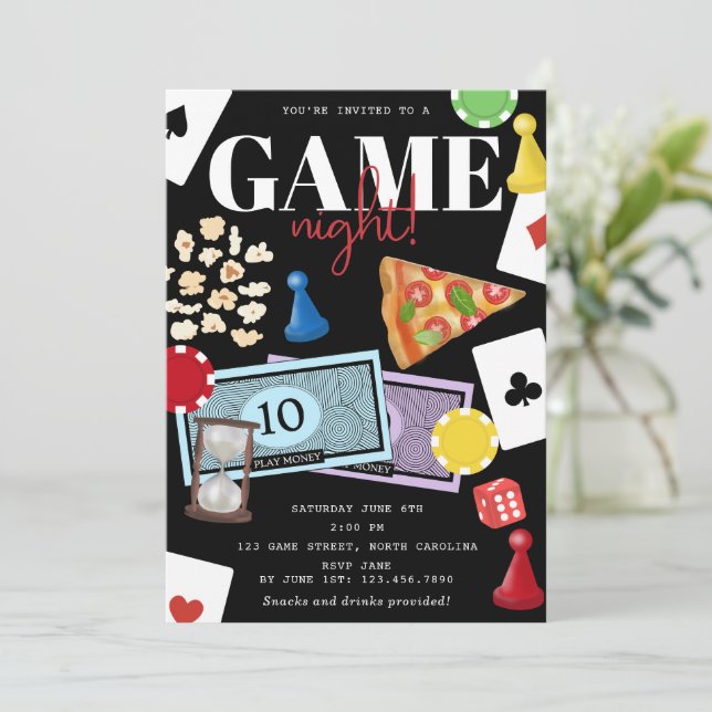 Convite Noite de Jogos de Tabuleiro Lanches Festa (Em pé/Frente)