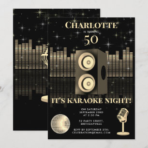 Convite Noite de Karaokê Preto Dourado 50º Aniversário Dis