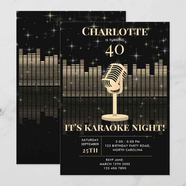 Convite Noite de Karaokê Preto Dourado Cantando Festa de A (Frente/Verso)