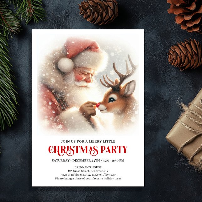 Convite Noite de Natal Festiva com Papai Noel e Rudolph  (Festive Santa and Rudolph Christmas Eve Night Party Invitation

)