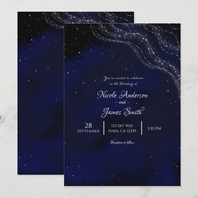 Convite Noite de núpcias estrelada cintilante azul (Frente/Verso)