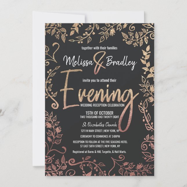 Convite Noite de Ombre Dourado Floral, rosa Dourada (Frente)