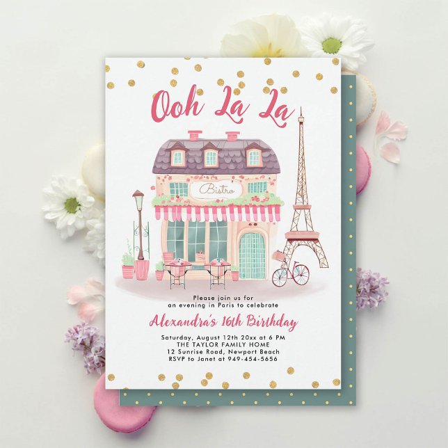 Convite Noite de Paris Eiffel Bistro Verde Rosa 16 (paris sweet 16 invitation sixteenth birthday girl french bistro eiffel illustration chic fashion)
