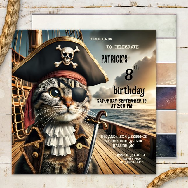 Convite Noite de Pirata de Gato Engraçado (A funny birthday party invitation  for children featuring a pirate cat on a clipper)