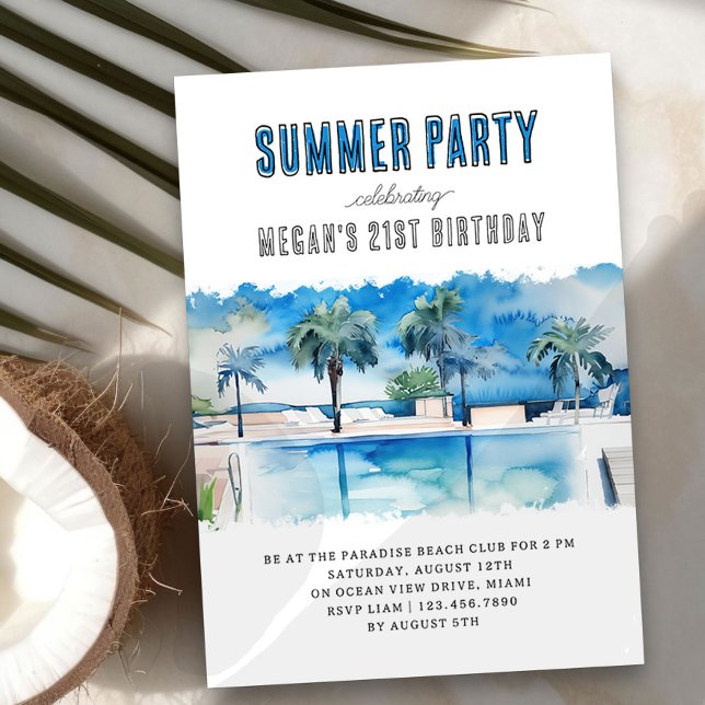 Convite Noite de Piscina Tropical de Watercolor (Summer Birthday Party Invitation with inviting pool scene)