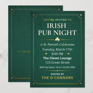 Convite Noite de Pub Irlandês Dourado e Verde Vintage St P