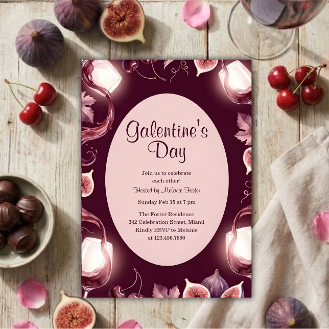 Convite Noite de Vinho do Dia das Galentinas com Figos e F (Galentine’s Day Wine Night Figs & Rosé, Moody Berry, Personalized)
