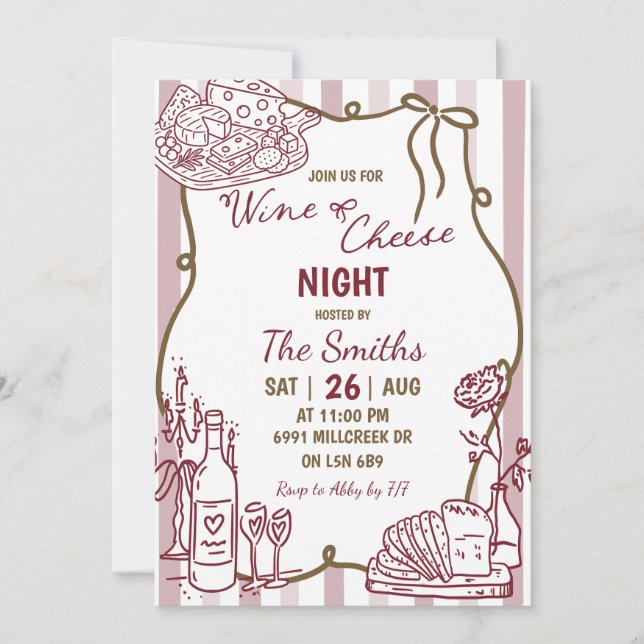Convite Noite de Vinho e Queijo à Mão Doodle (Frente)