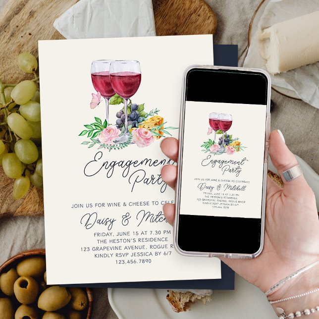 Convite Noite de Vinho e Queijo Festa de Compromisso (Wine and Cheese Engagement Party Invitation)